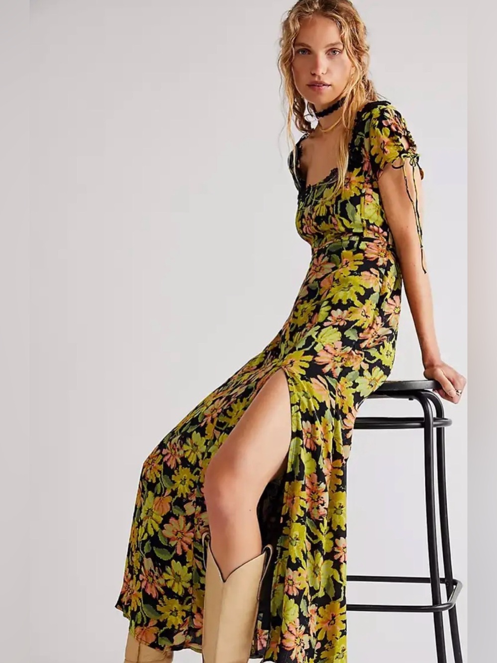 Free People  Floral Lace-Trim Corset Maxi Dress with Green Bloom Size Large 12